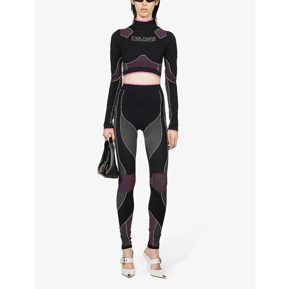 Balmain Moto Paneled Seamless Leggings 2 Black Stretch Elastic Waist NWT $1,150 - Picture 2 of 15
